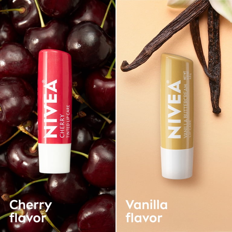 NIVEA Cherry and Cream Lip Care, Flavored Lip Balm Set, 0.17 oz