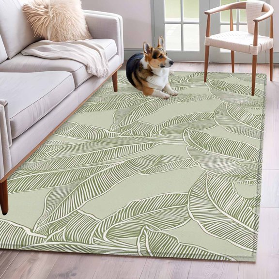 Summer Palm Leaf Area Rug 3x5 FT, Non Slip Entryway Bedside Carpet, Green Tropical Bloom Silhouettes Washable Soft Floor Carpet Indoor Mat Non-Shedding Throw Rugs for Dorm Kitchen Home Office