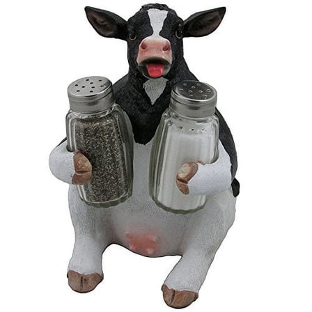 Holstein Cow Glass Salt and Pepper Shaker Set with Holder Figurine in Tabletop Country Kitchen Decor or Decorative Farm Animal Collectible Sculptures As Spice Racks and Rustic Gifts for