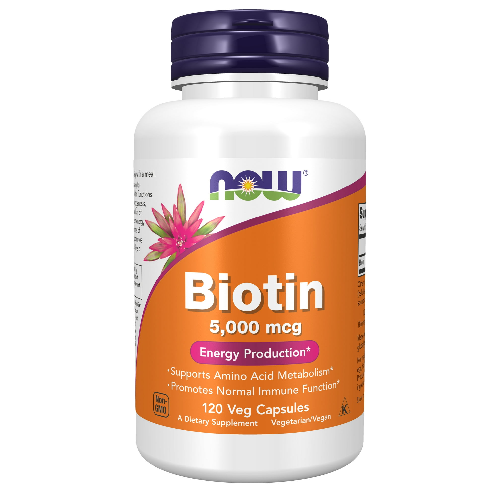 NOW Supplements, Biotin 5,000 mcg, Amino Acid Metabolism*, Energy Production*, 120 Veg Capsules