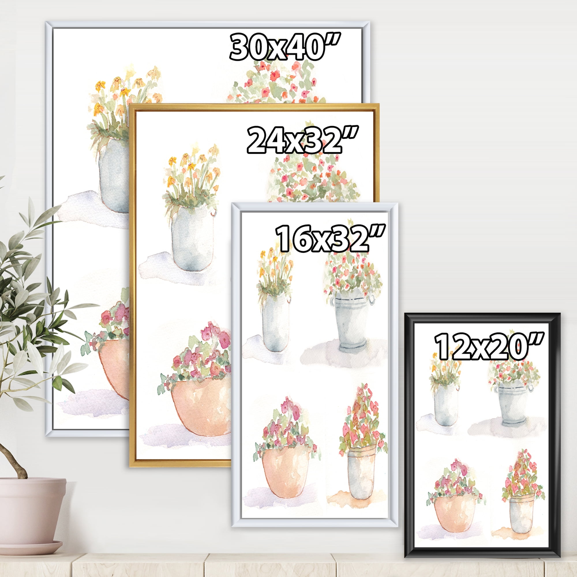 Designart 'Abstract Four Outdoor Flower Pots' Traditional Framed Canvas Wall Art Print