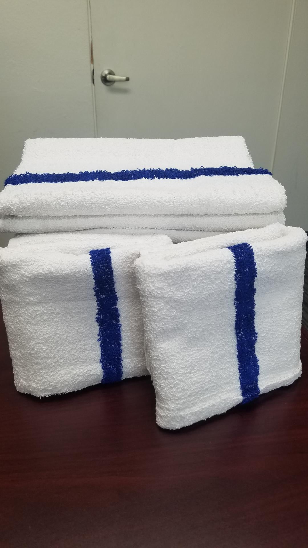 6 Large White Blue Center Stripe 24x48 Soft Bath Towels Perfect for Pool Gym Salon Hotel Motel Rental Room Soft Super Water Absorbent by Towels N More