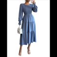 thumbnail image 1 of Vestidos de Invitada de Boda de Otoño para Mujer, con Mangas Largas Abullonadas, Fruncido, Cuello Redondo, Informal, Escalonado, Corte A, Vestido Fluido Azul L, 1 of 7