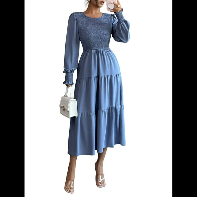 Vestidos de Invitada de Boda de Otoño para Mujer, con Mangas Largas Abullonadas, Fruncido, Cuello Redondo, Informal, Escalonado, Corte A, Vestido Fluido Azul L