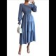 thumbnail image 1 of Vestidos de Invitada de Boda de Otoño para Mujer, con Mangas Largas Abullonadas, Fruncido, Cuello Redondo, Informal, Escalonado, Corte A, Vestido Fluido Azul L, 1 of 7