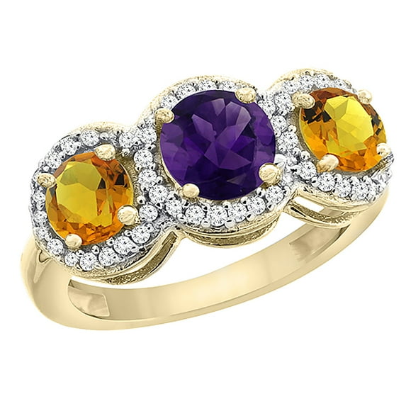 14K Yellow Gold Natural Amethyst & Citrine Sides Round 3-stone Ring Diamond Accents, size 5.5