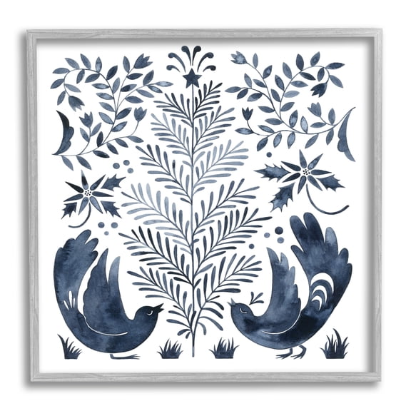 Tranquil Blue Birds Botanical Holiday Tree Design Animals & Insects Painting Framed Art Print Wall Art
