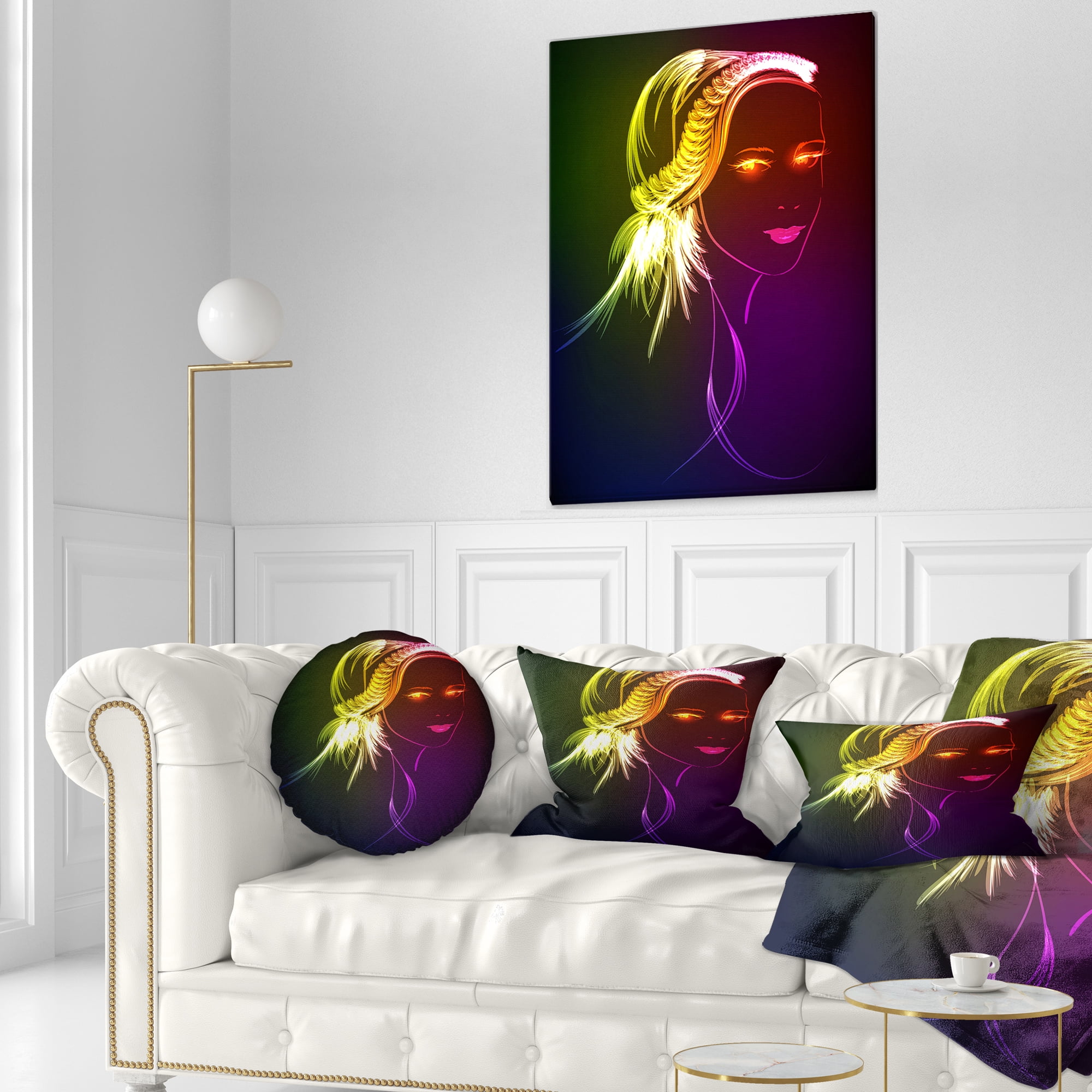 Designart Illuminating Girl s Head Fractal - Modern Portrait Throw Pillow - 12x20