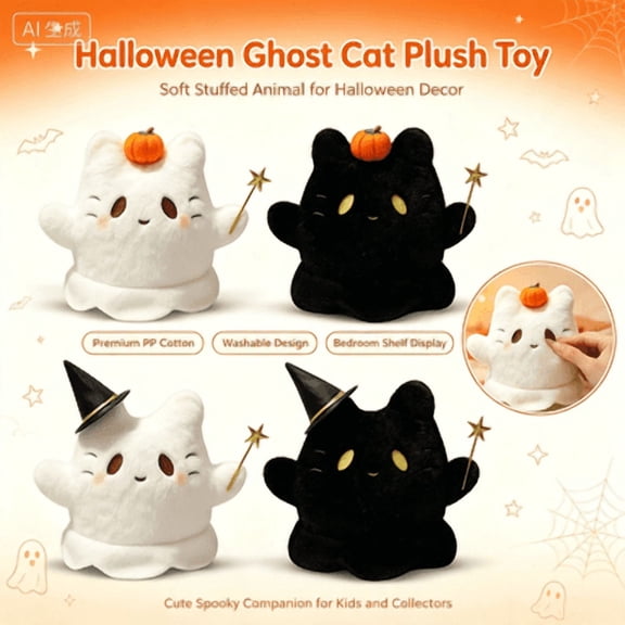 Halloween Ghost Cat Plush Stuffed Animal, Premium PP Cotton Soft Plush Toy, Washable Decorative Doll for Bedroom Shelf Display