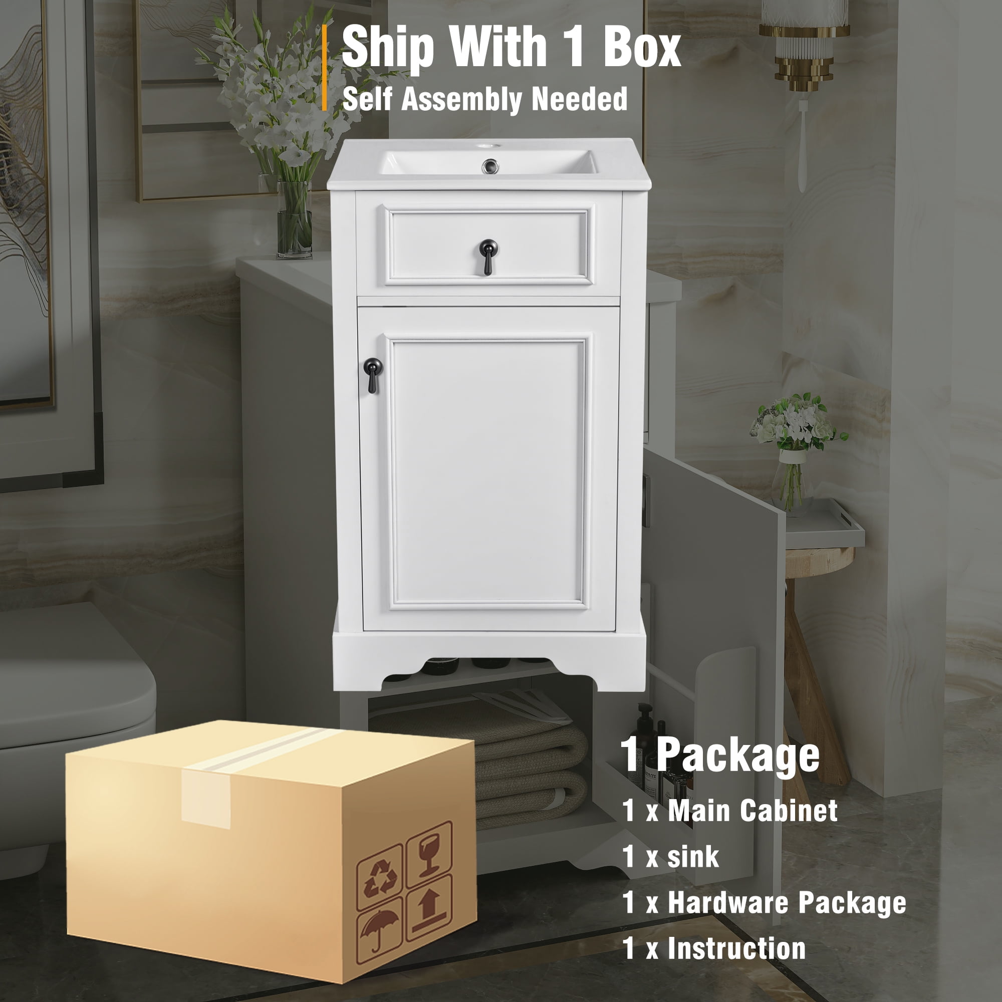 GARITIN Bathroom Vanity 20 Inch, Freestanding Single Vanity Set with Ceramic Sink and Soft Close Door for Small Bathroom, White