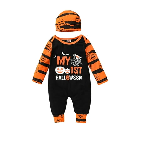

Toddler Baby Jumpsuit Set Pumpkin Letter Print Long Sleeve Romper with Striped Hat Infant 2Pcs Outfits
