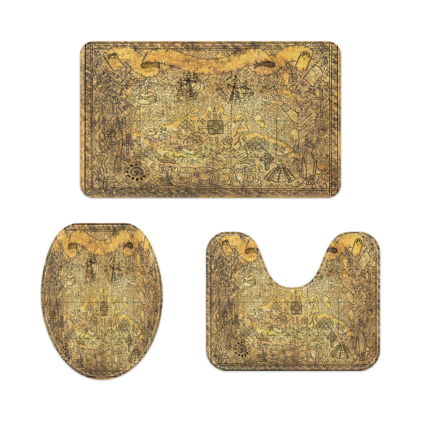 Ancient Mayan Bathroom Mat,Vintage Aztec Map with Gods Old Ships Temple