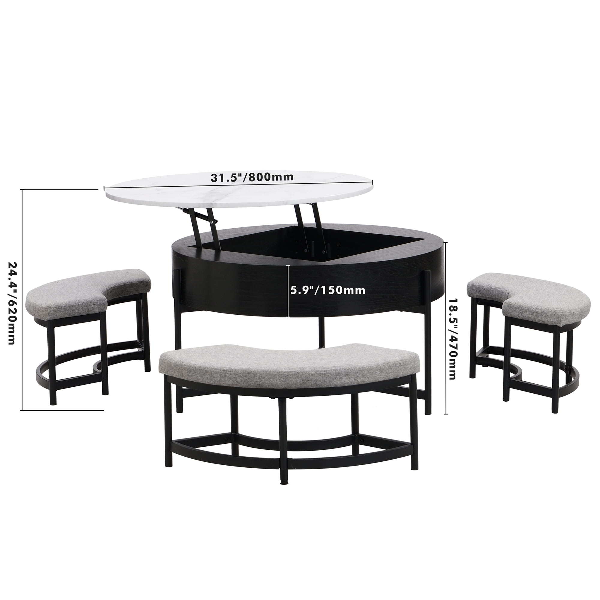 Harper & Bright Designs Round Lift-Top Coffee Table with Ottomans and Storage, Gold Center Table Set with Stools Underneath for Living Room, White & Black