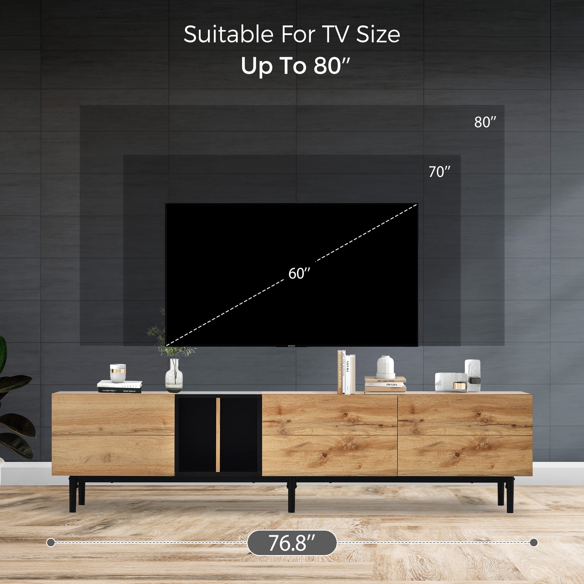Aukfa Modern TV Stand for TVs up to 80" - Entertainment Center Storage Cabinet - Natural