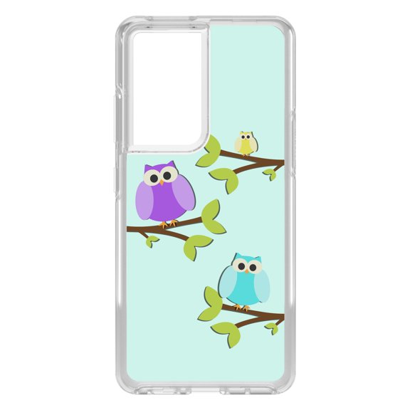 DistinctInk Clear Shockproof Hybrid Case for Galaxy S21 ULTRA 5G (6.8" Screen) - TPU Bumper, Acrylic Back, Tempered Glass Screen Protector - Blue Purple Yellow Owls - Cartoon Owls