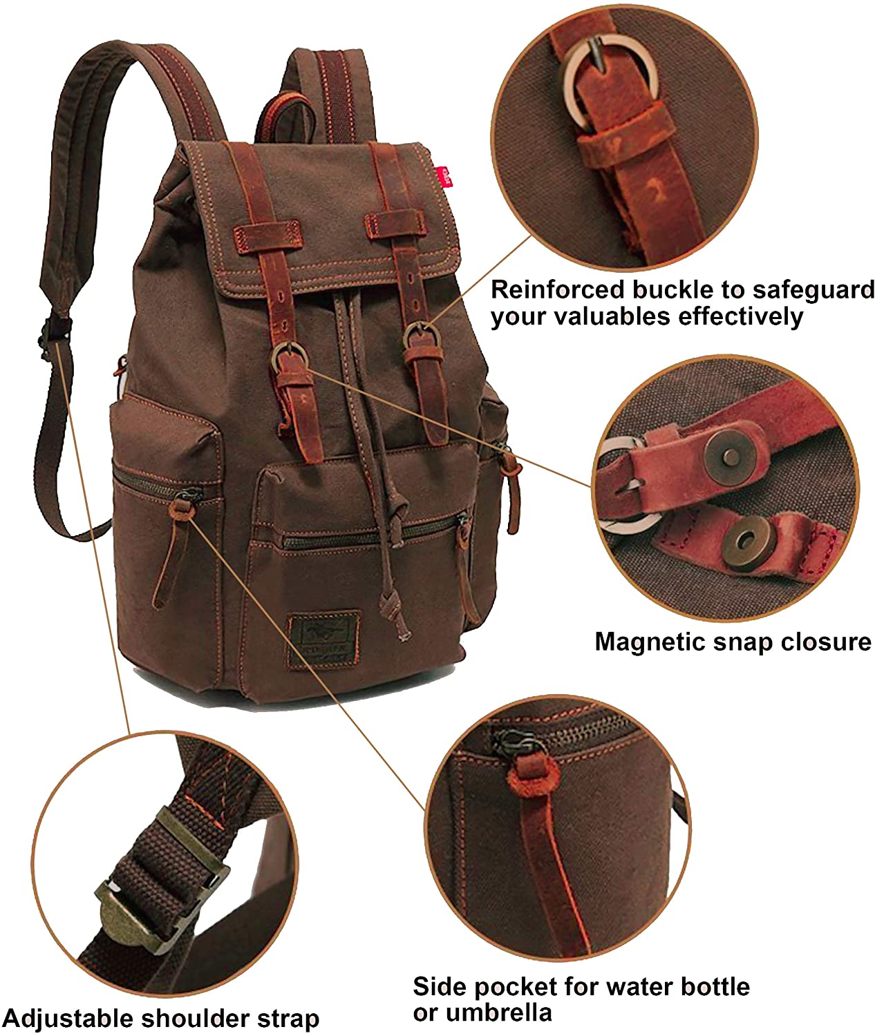 High Capacity Vintage Travel Canvas Leather Backpack School Bag for Men,Computers Laptop Backpacks Rucksack,Shoulder Camping Hiking Backpacks Bookbag 14" Laptop for Men Women - image 4 of 9
