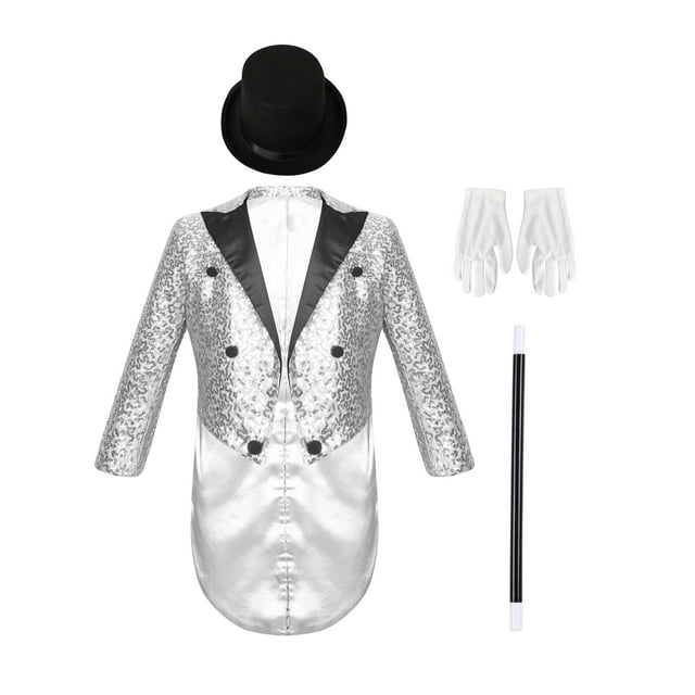 Jizyo Kids Magician Set Sequined Tailcoat with Accessory for Holiday Carnival Stage Performance Themed Party Silver 8