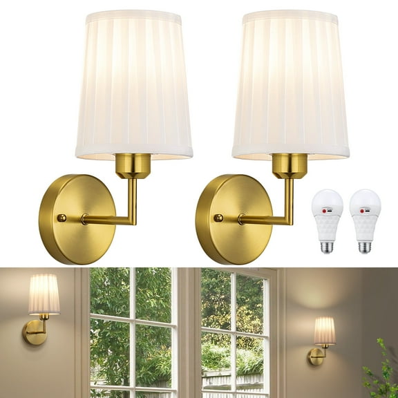 Alloxity Set of Two Wall Sconces, Battery Operated Wall Sconce Reachargeable Wireless Wall Mounted Lamp Dimmable Battery Powered Wall Light Fixure for Bedroom Living Room Hallway, Glod