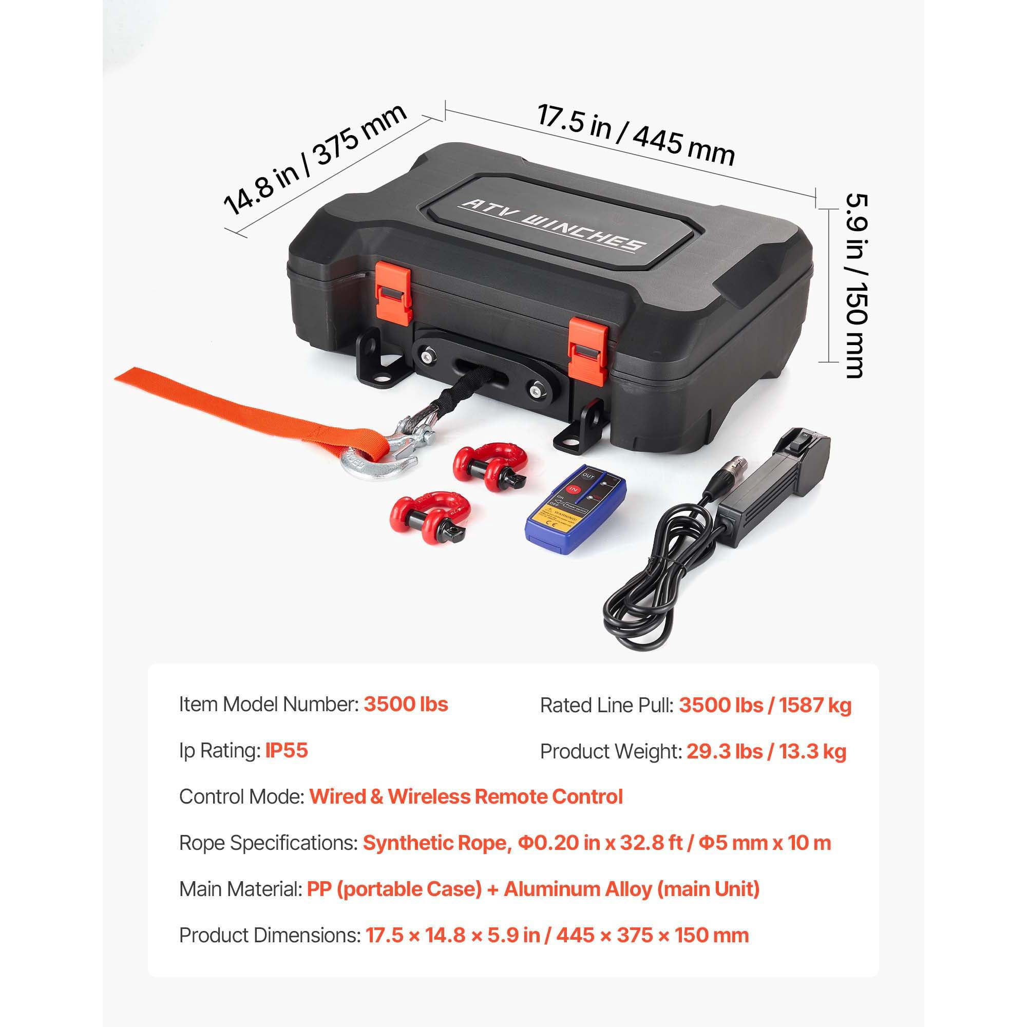 KFFKFF Portable 12V DC Electric Winch, 3500 lbs Capacity with Synthetic Rope, Wireless & Wired Remotes, Compact Recovery Kit with Fairlead, Hook, and Strap for ATV UTV Off-Road Pulling Applications