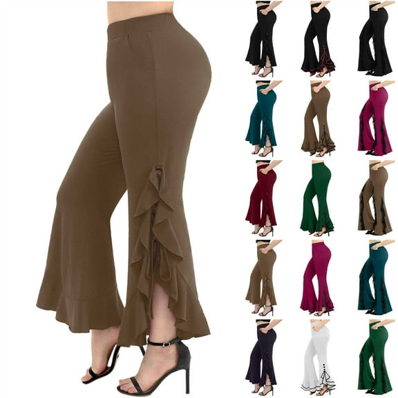 BiZtdJrK Womens Gothic Flare Pants Lace Trim Bell Bottom High Waist Trousers Solid Color Disco Legging Outfit Clubwear, Navy, XXL