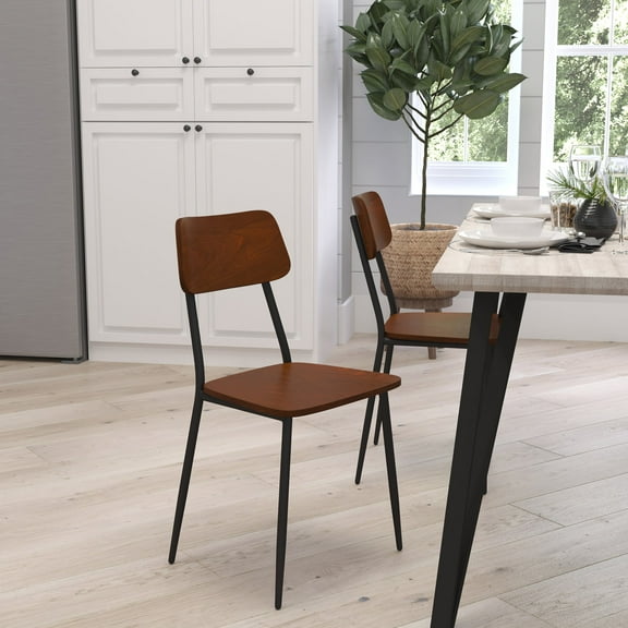 Merrick Lane Industrial Style Dining Chair with Rustic Wood Back and Seat and Gunmetal Steel Frame - Set of 2
