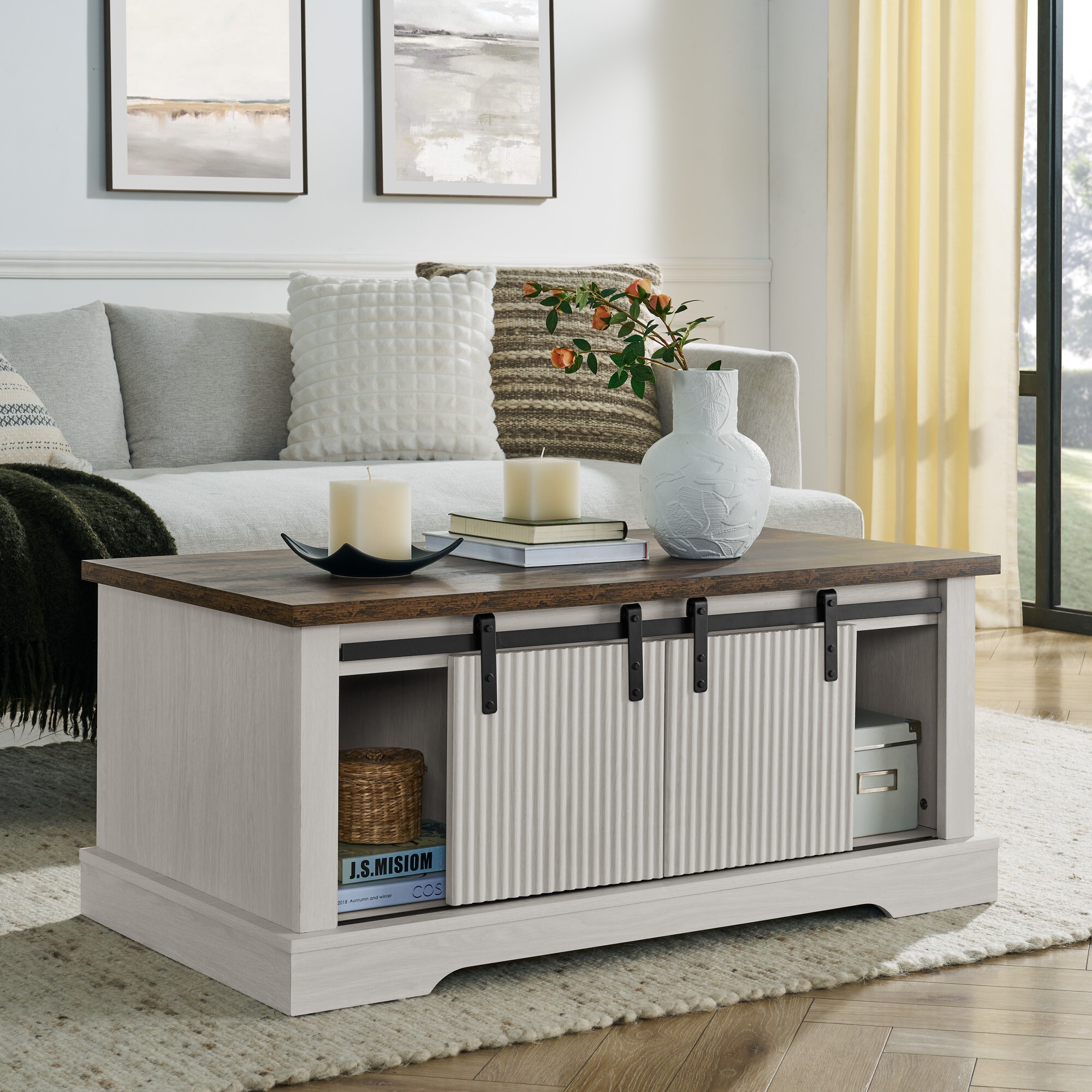 DEALTOPS Rustic Farmhouse Coffee Table with Sliding Barn Doors, Modern Accent Furniture, Antique White