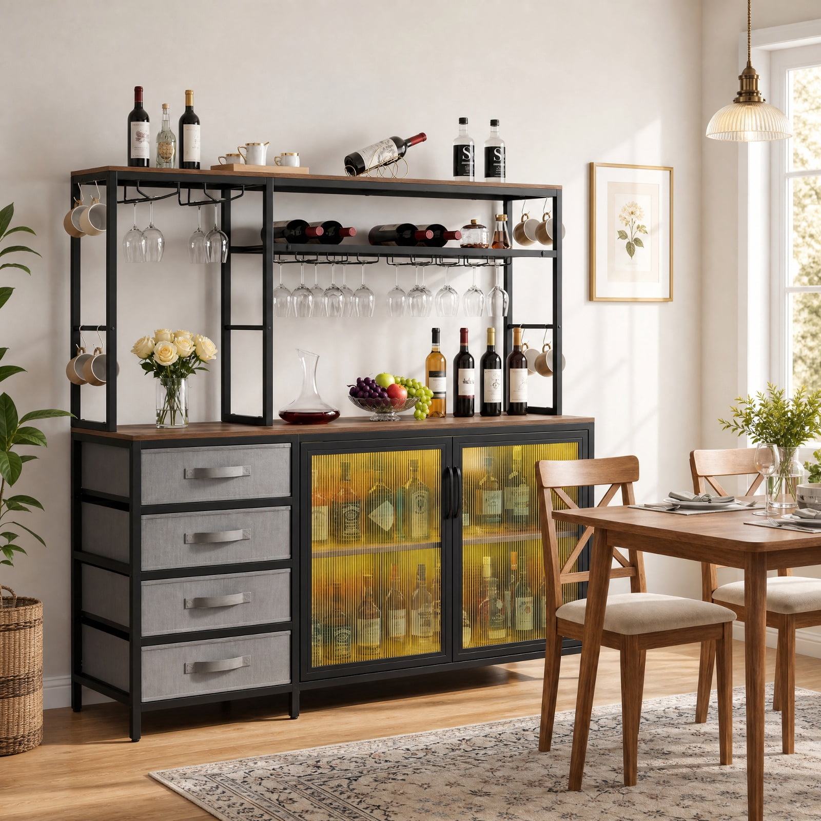 Furnibear Sideboard Buffet Cabinet with LED Lights 55 inch Coffee Table with Power Outlets for Kitchen Dining Living Room Buffet, Rustic Brown
