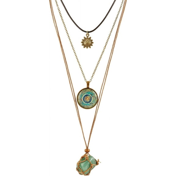 Bohemian Retro Style Multi Layer Necklace, Green Crystal Sun and Floral Pendant, Ethnic Jewelry for Women