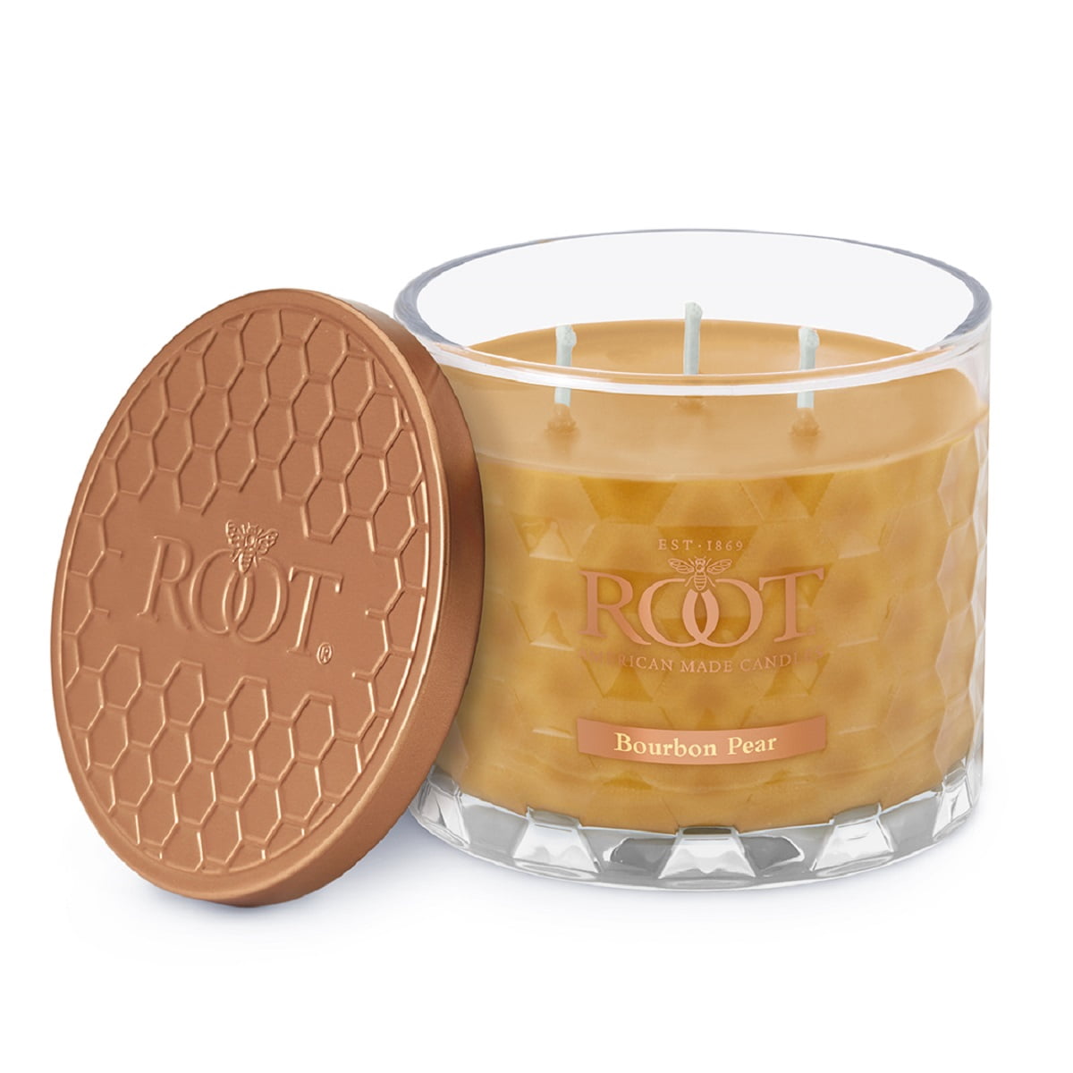 ROOT Candles 12 oz 3-Wick Signature Honeycomb filled Jar. Scent: Bourbon Pear