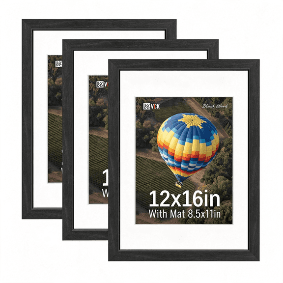 XIBUFE 12X16 Picture Frames Black 3 Pack, Wide Border Solid Wood, Tempered Glass, Display 8.5X11 Photo with Mat Or 12 X 16 Without, for Home, Office, Gallery, Woodgrain Series, Wall Hanging