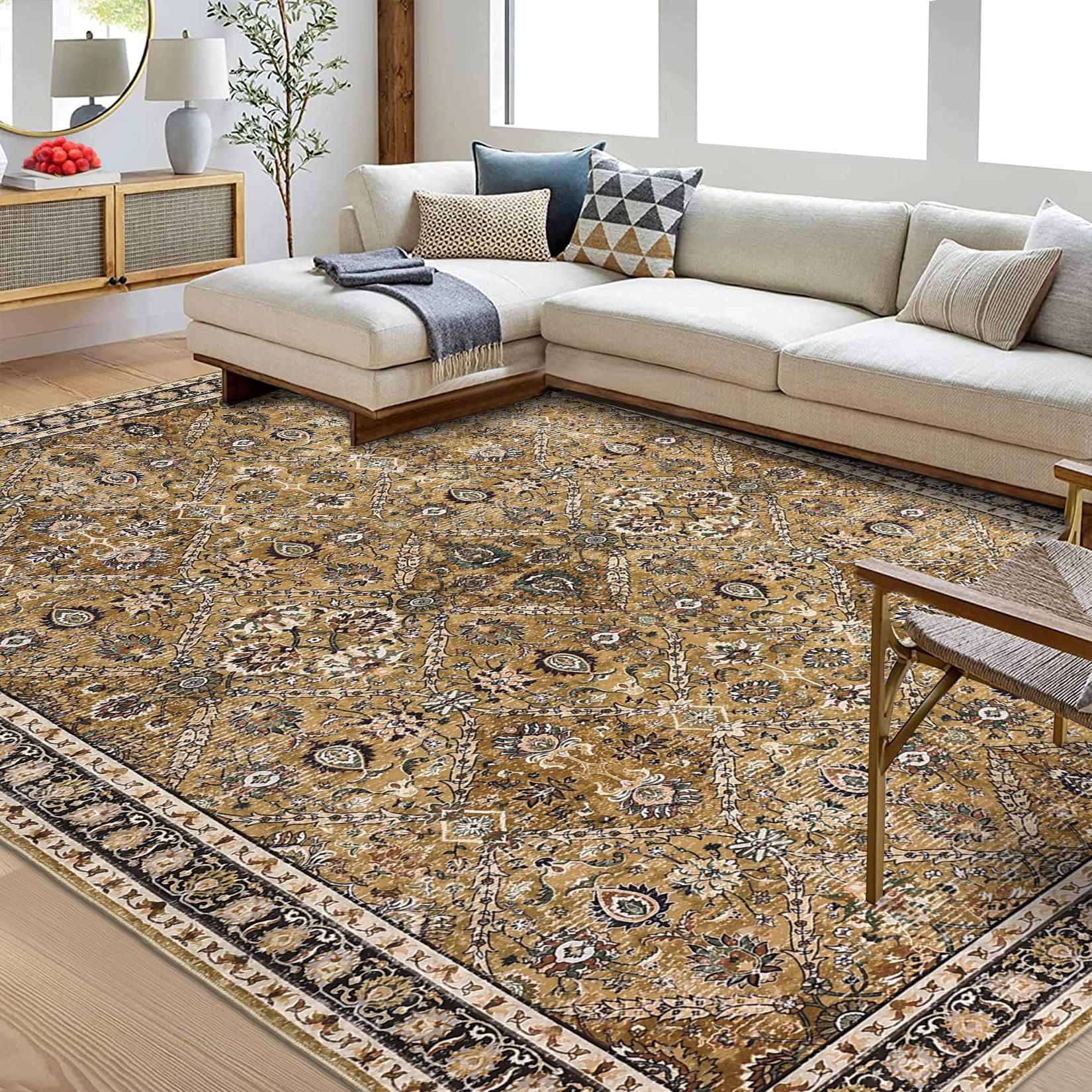 Garvee 8'x10' Area Rug, Washable Persian Rug Vintage Boho Carpet Non Slip Soft Print Rug for Bedroom Dining Room Living Room, Yellow
