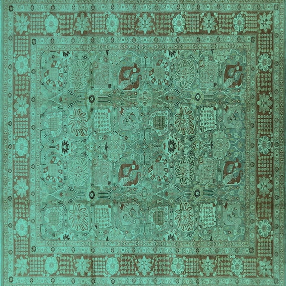 Ahgly Company Machine Washable Indoor Square Oriental Turquoise Blue Industrial Area Rugs, 6' Square