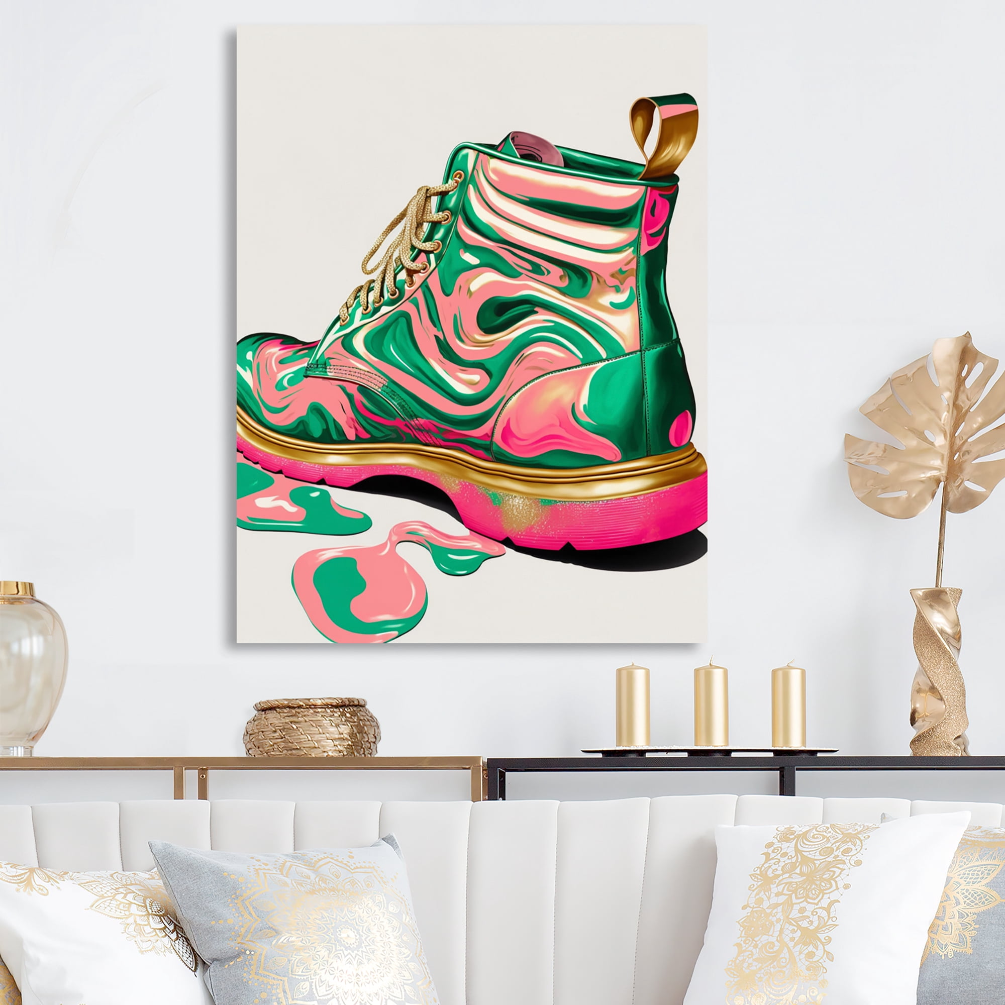 Designart Pink And Green Art Deco Army Shoes Canvas Wall Art