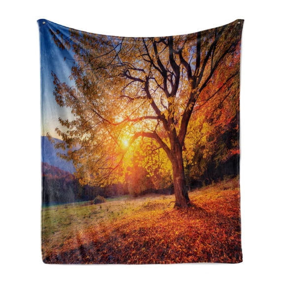 Fall Tree Soft Flannel Fleece Throw Blanket, Big Majestic Autumn Tree Shedding Faded Leaves on the Hill Slop Seasonal Landscape, Cozy Plush for Indoor and Outdoor Use, 50" x 60", Brown, by Ambesonne