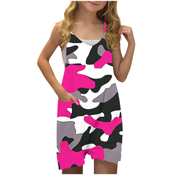 FAHXNVB Romper for Girls Tie Dye Sleeveless V Neck Jumpsuit Short Outfits with Pocket Summer One Piece Casual Fashion Clothes 5-14 Years