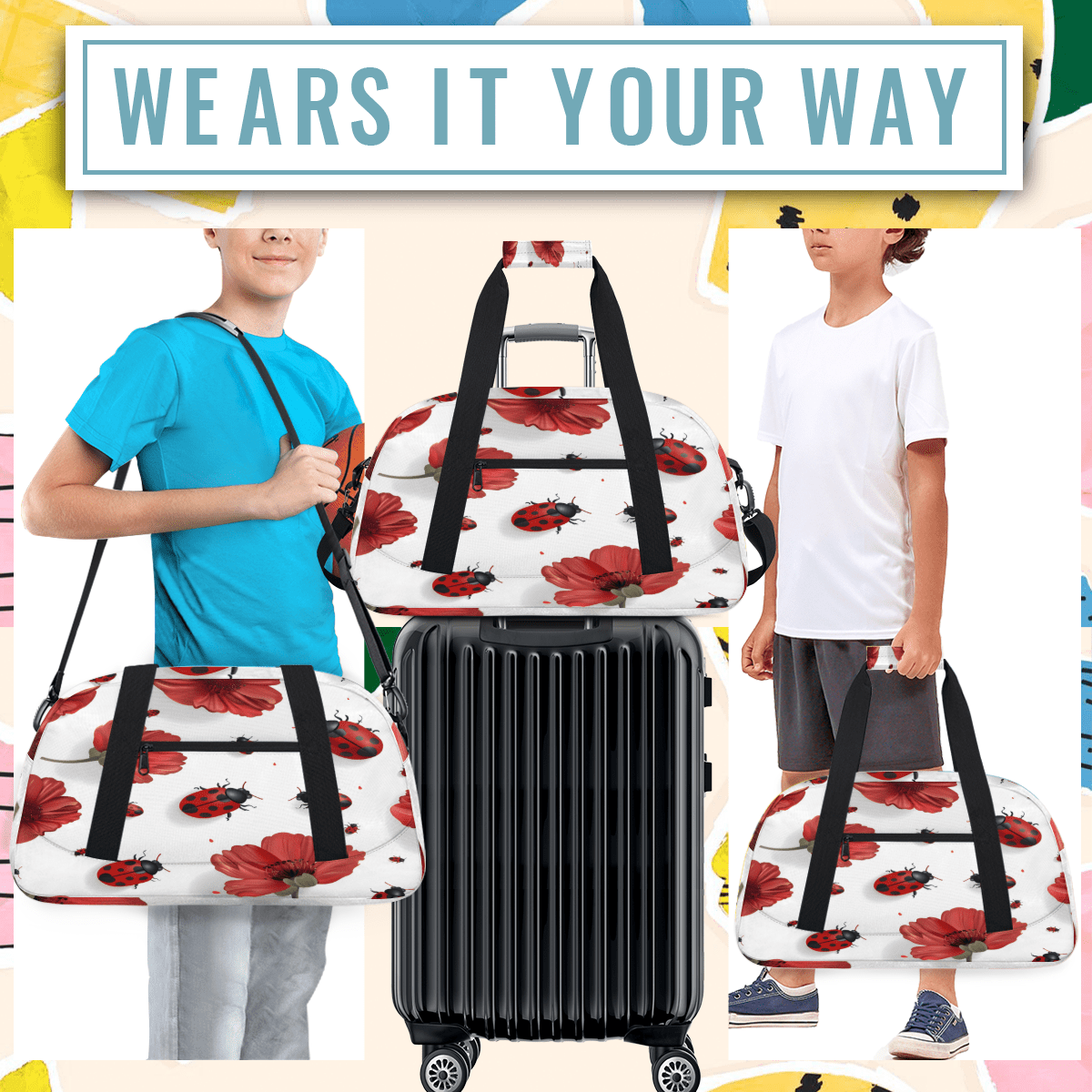 Herdesigns Sports Duffle Bags Travel Duffle Bag Gym Bag Red Ladybugs Poppy Floral Weekender Travel Bag Waterproof Overnight Bag Carry On Travel Tote Bag Dance Bags