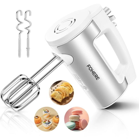6 Speed Hand Mixer with Turbo Boost, Kitchen Immersion Blender for Food Whipping, Egg Beaters Includes 3 Attachments, White