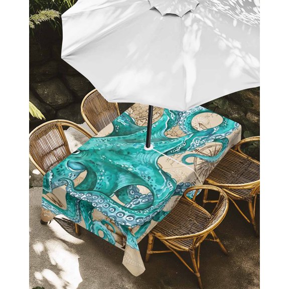 Outdoor Tablecloth with Umbrella Hole, Vintage Blue Big Octopus Boats Zippered Table Cloth for Rectangle Tables, Summer Marine Life Washable Waterproof Tablecloths for Picnic Patio Garden