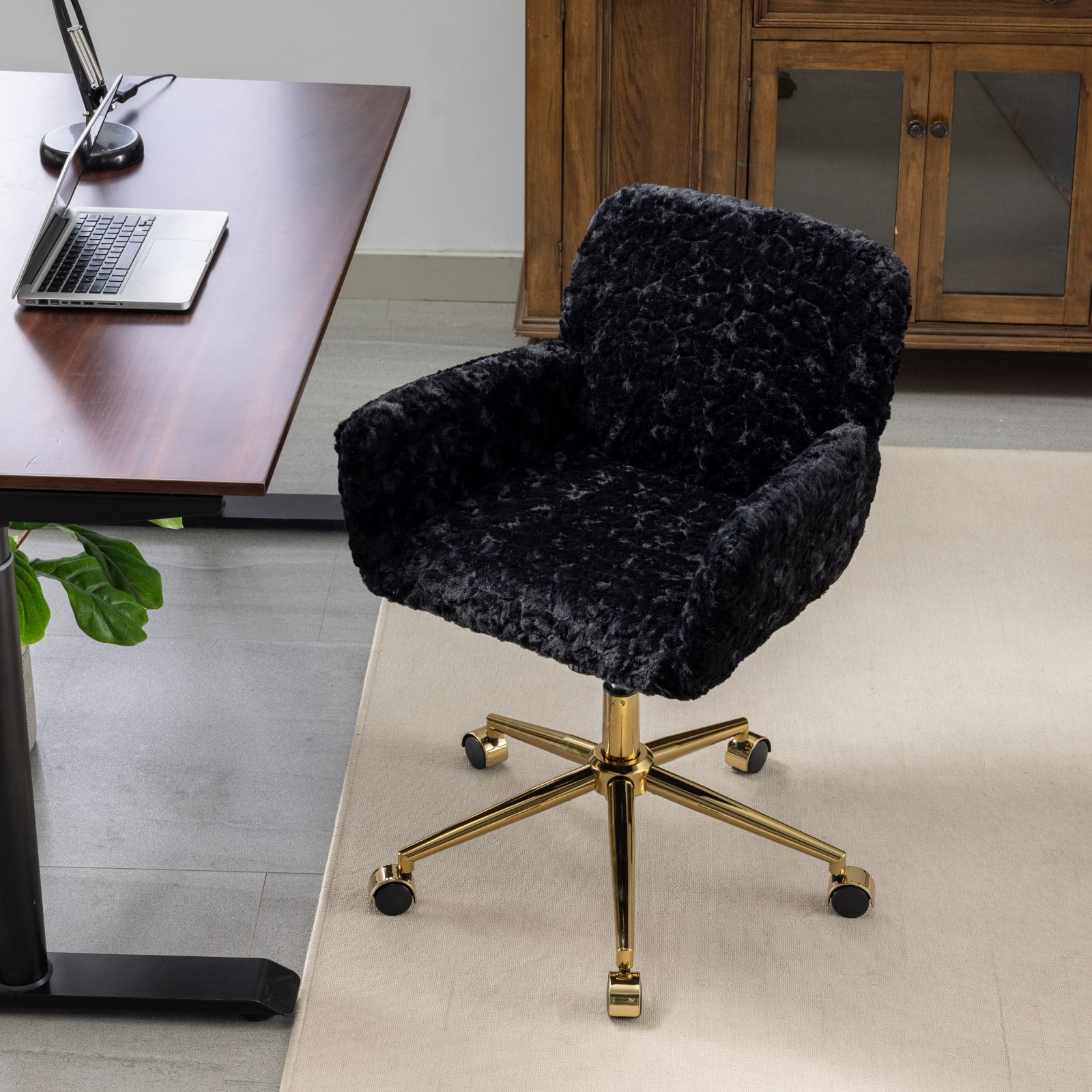 MAYEERTY Artificial Rabbit Hair Office Chair - Golden Metal Base, Adjustable Swivel, Vanity Chair, Black