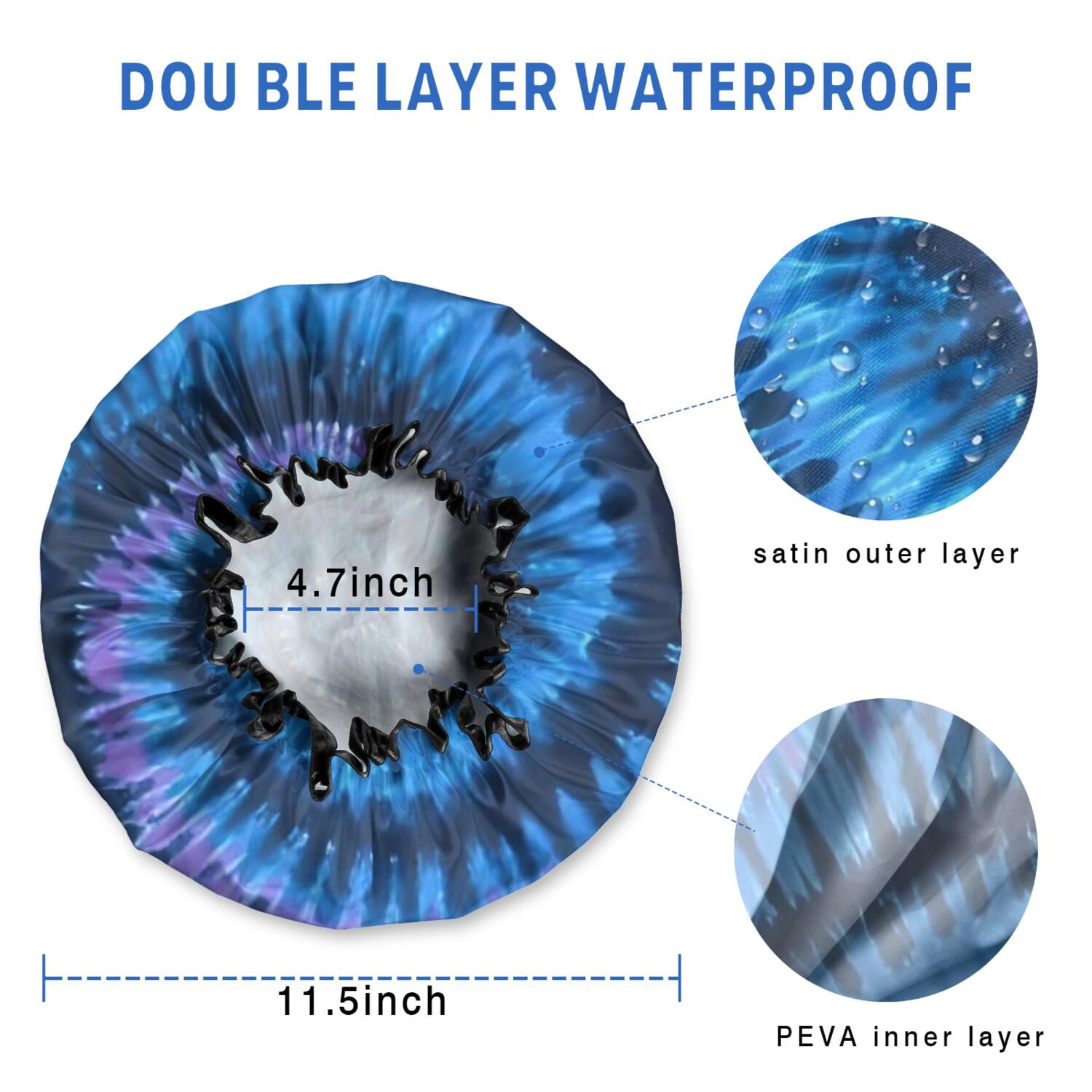 Shower Caps,Blue Tie Dye Pattern Waterproof Shower Cap for Women 4 Pieces,Double Reusable Hair Cover for Shower PEVA Elastic Stretch Hem