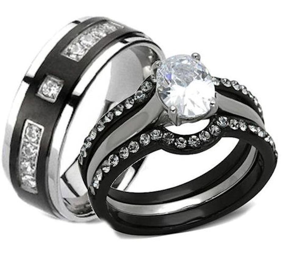 His Hers 4 Piece Black Stainless Steel & Titanium Matching Wedding Band ...