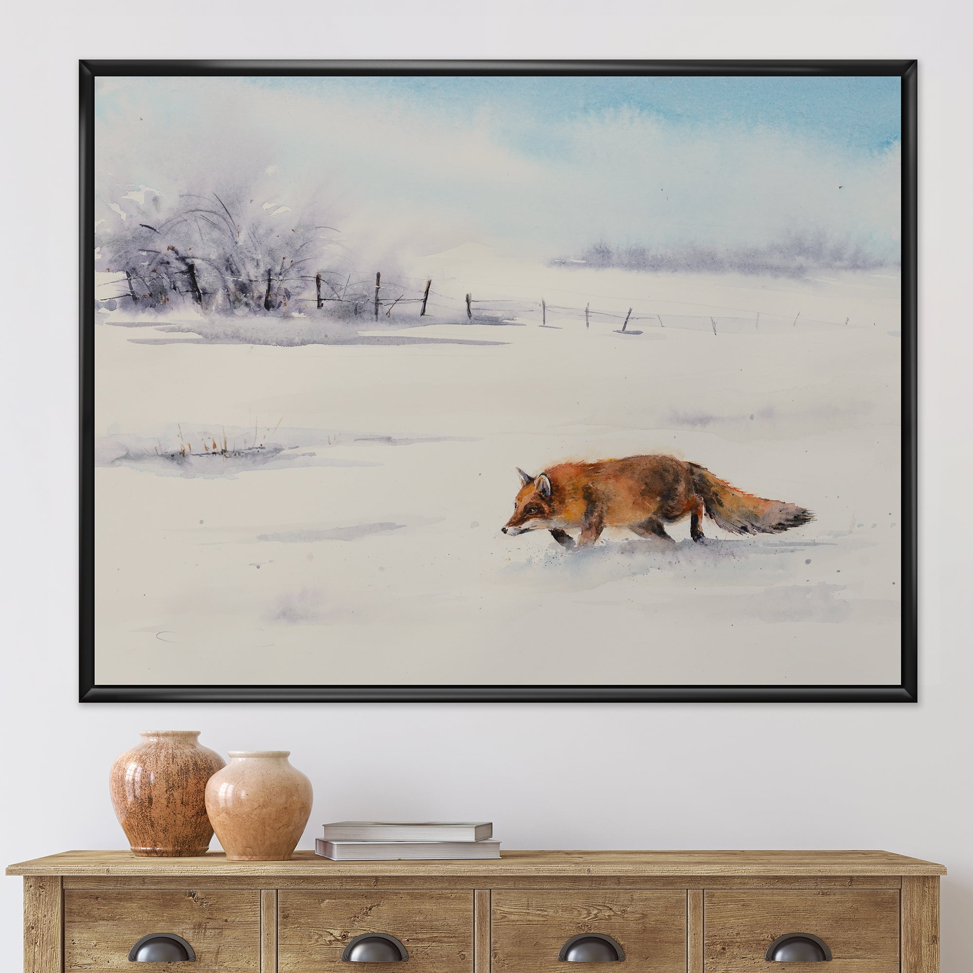 Designart 'Red Fox Running In White Snow in Countryside I' Farmhouse Framed Canvas Wall Art Print