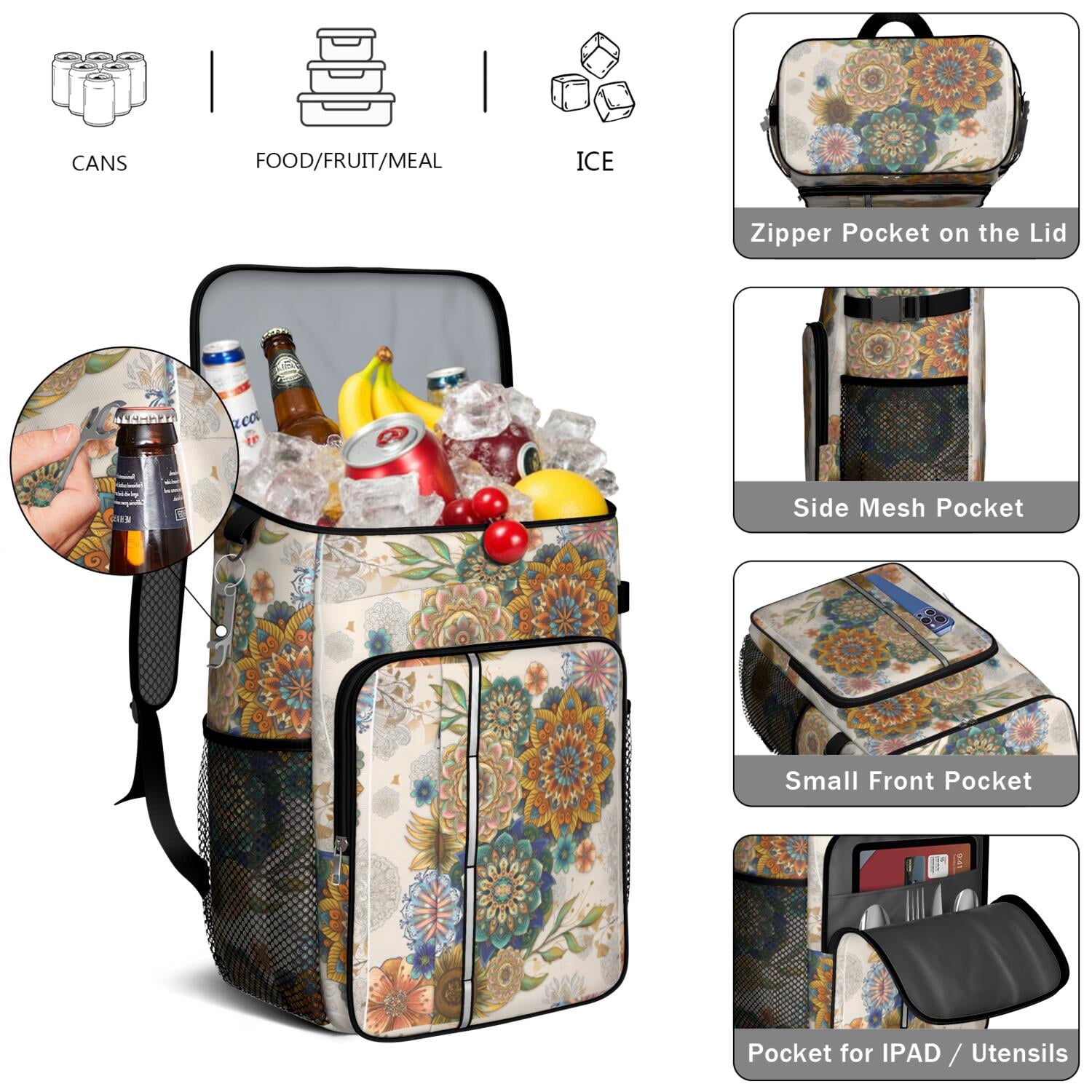 Travel Cooler Bag - Boho Bohemia Flower Camping Beer Cooler Backpack with Bottle Opener- Waterproof Insulated Picnic Backpacks - Cooler Bag for Beach