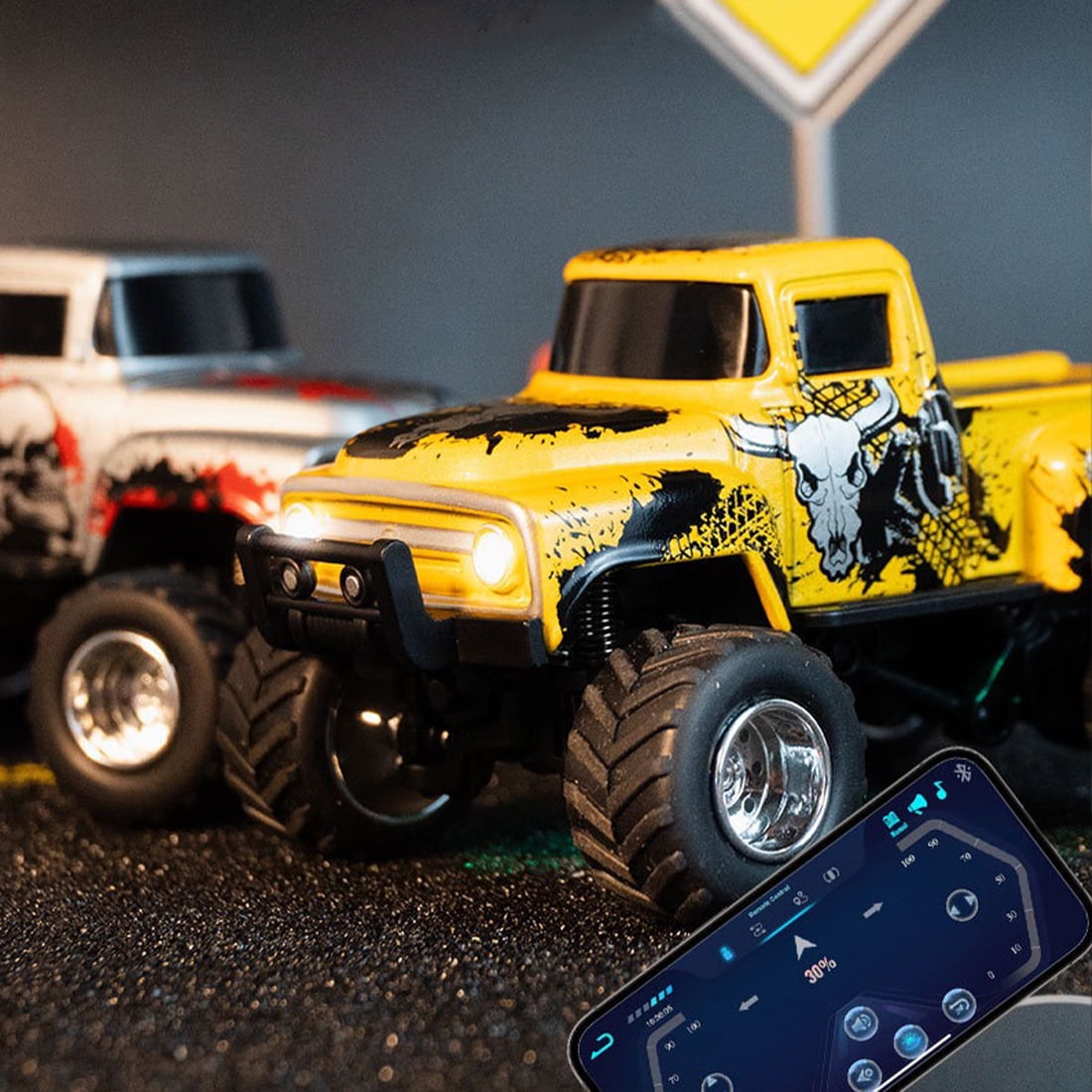 2.4G 1:64 Scale Mini Alloy Monster Truck with Mobile App Control, 3-Speed Off-Road RC Car with Shock Absorption & Trailer Hook, Desktop Remote Control Toy for Teens and Adults