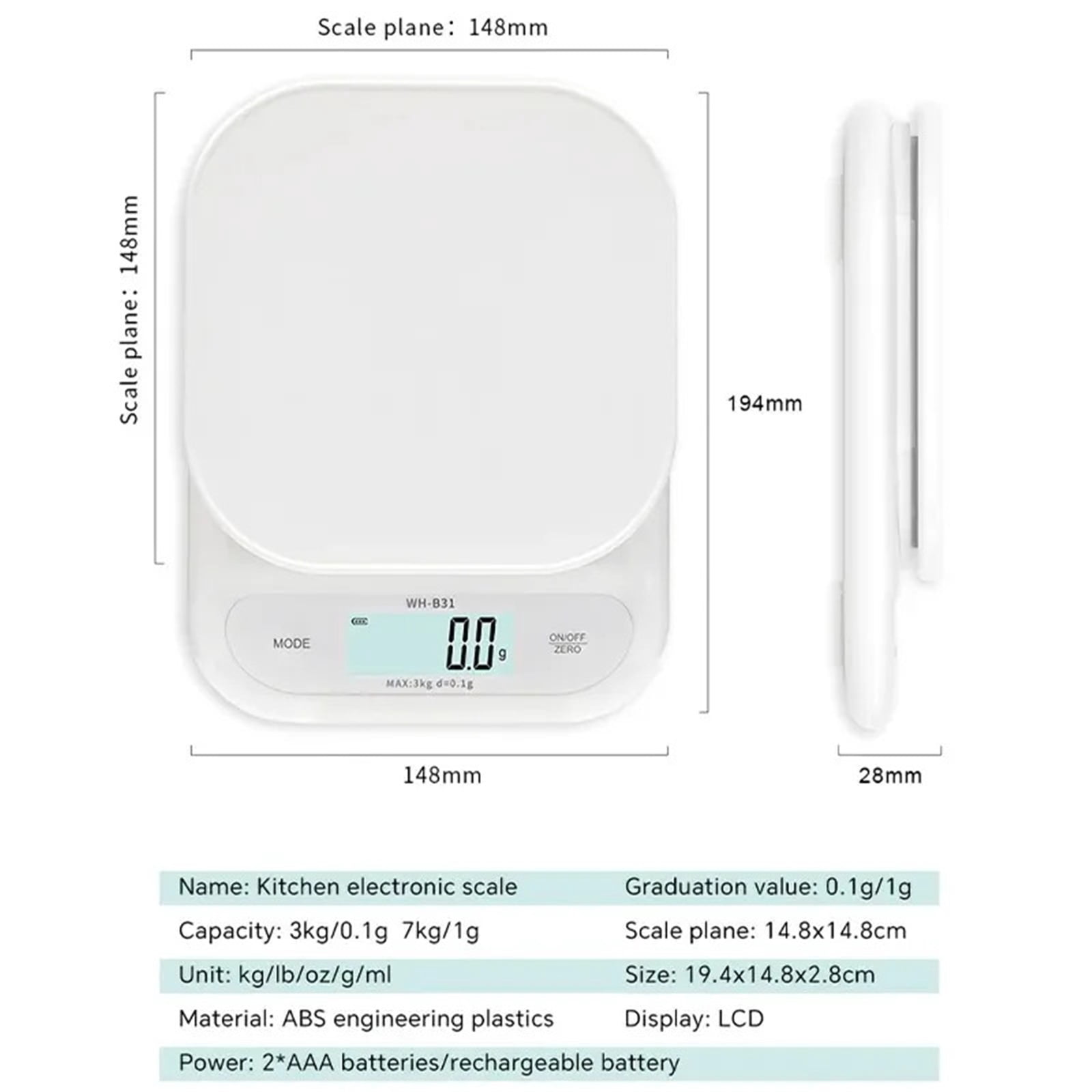 LCD Digital Kitchen Scale 3kg/7kg Food Scale Battery/USB Charging Electronic Balance Measuring Grams Scales for Cooking Baking