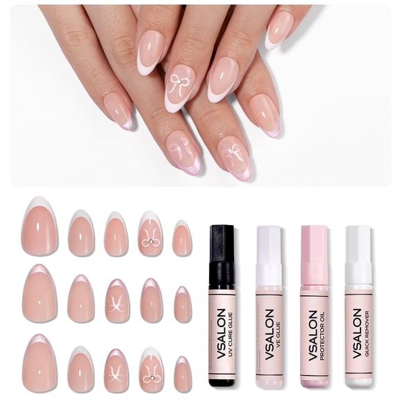 VSALON Press-On Nails Short Almond - 42 Pcs French Tip Ribbons Glue On Nails For Women, 32 Pcs in 16 Sizes & 10 Pcs Pink Alternative Nails - Gel Reusable Gel Fake Nail Set with Full Tool Kit