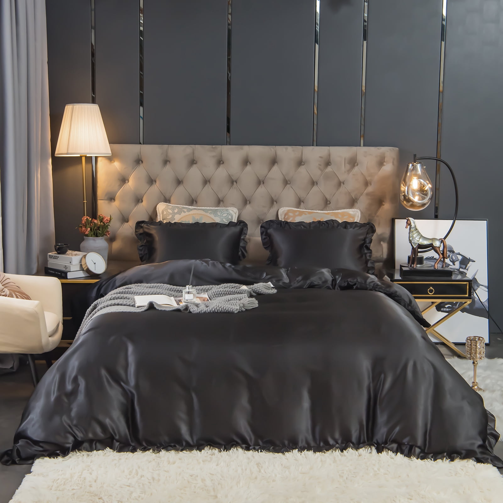 Move Over Black Ruffle Comforter Set King Satin Comforter Set Black Ruffle Design Solid Filling