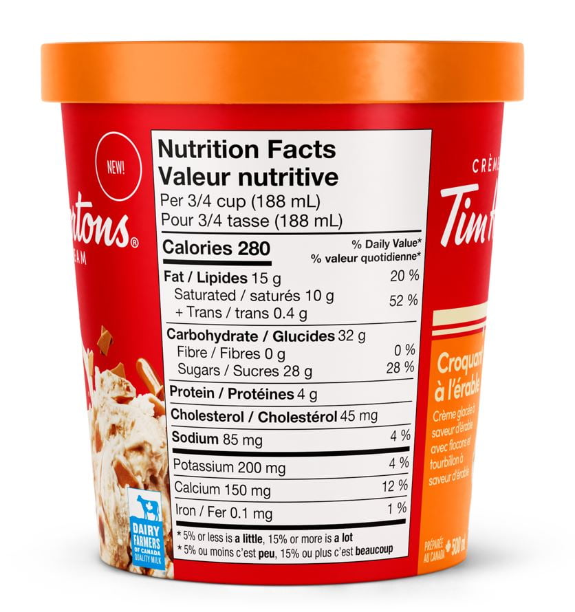 TIM HORTONS CROQUANT À L'ÉRABLE CRÈME GLACÉE 500NL Laissez-vous tenter par la fusion parfaite d'une crème glacée crémeuse et lisse, méticuleusement élaborée pour capturer l'essence de vos délices de boulangerie préférés. Guimauve grillée, Flocons et tourbillons aromatisés à l'érable, Lait 100% Canadien, Fabriqué à Tillsonburg, ON.