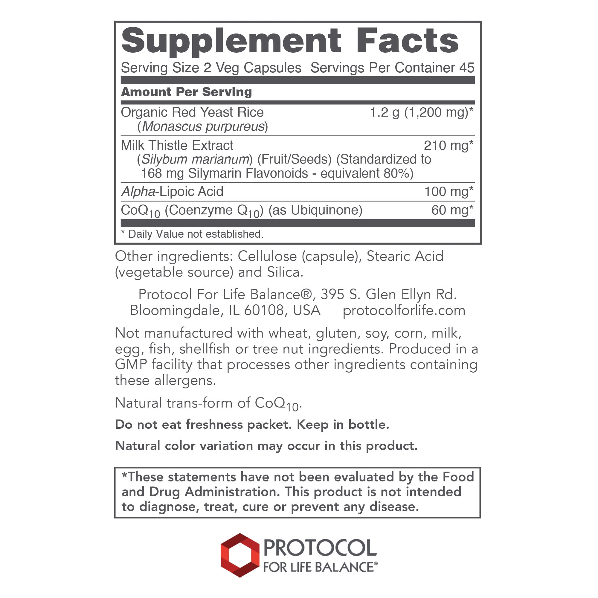 Protocol Red Yeast Rice Plus 600mg - ALA, CoQ10 - Heart, Liver - 90 Veg Caps
