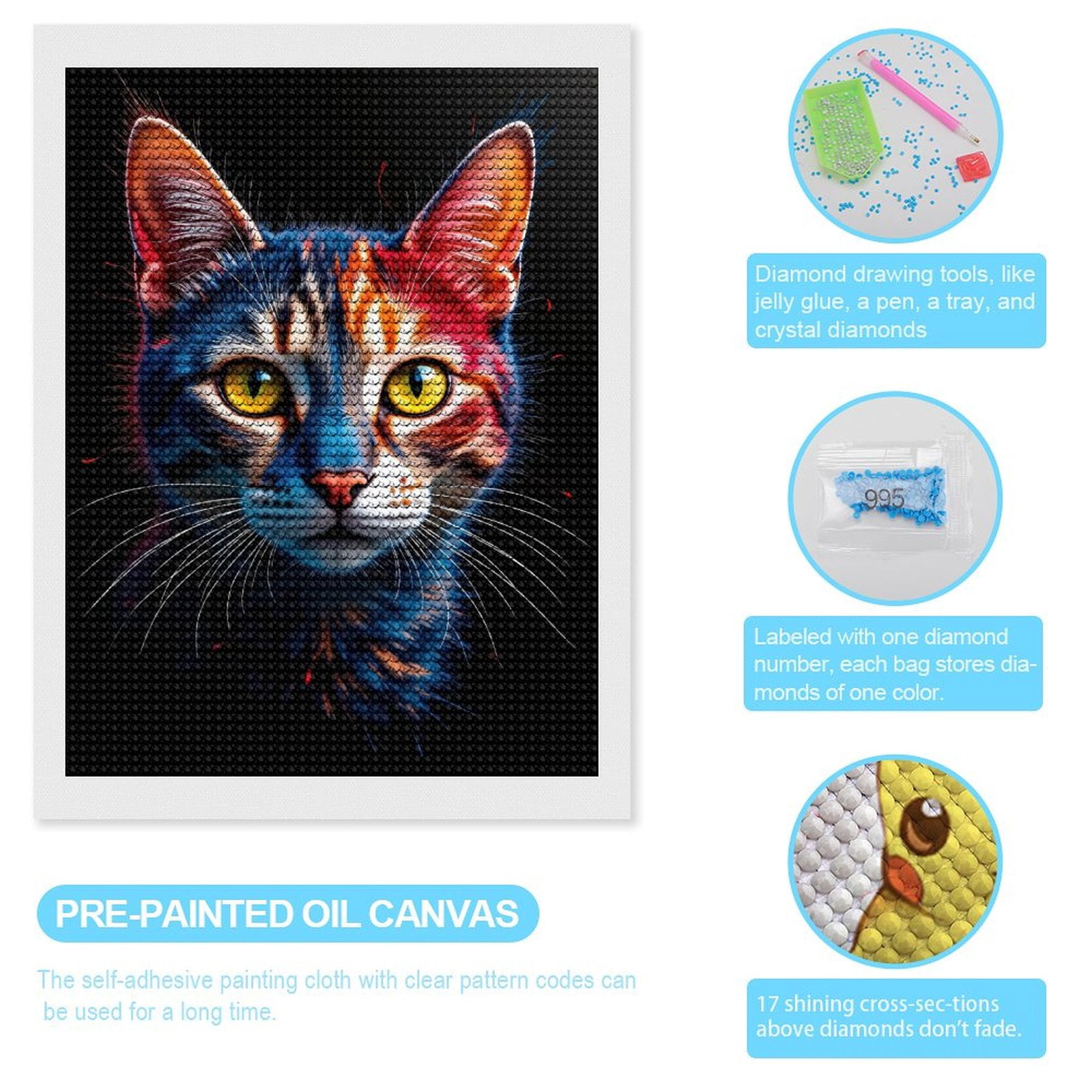 Diamond Art Kits for Adults, Animated Cat Vibrant Colors Portrait 5D Diamond Painting Kits for Adults Beginners, DIY Full Drill Diamond Painting, Gem Art and Crafts 12x16
